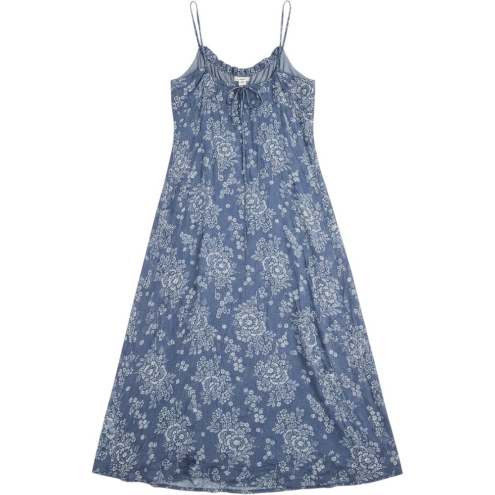 Madewell Blue Floral Maxi Dress Women 12 Ruffle Tie Neck Spaghetti Strap Boho